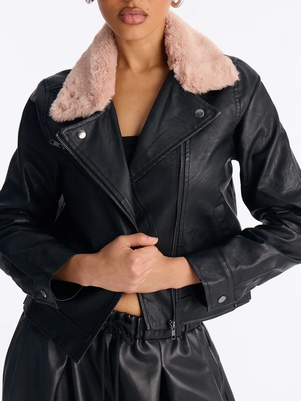 Denim Blvd - Karissa Faux Leather Fur Collar Moto Jacket - Women’s Small